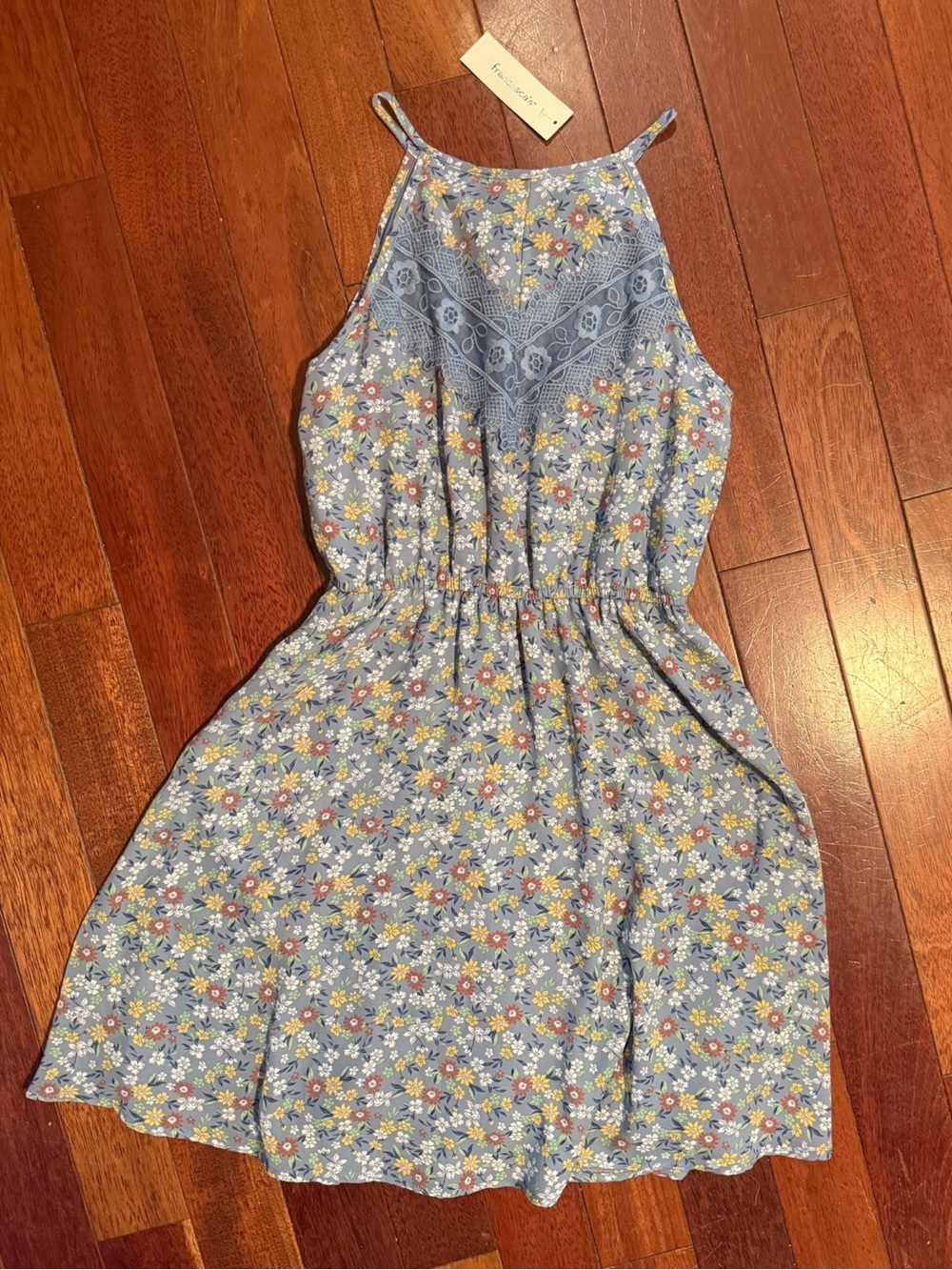 mi a mi Women's XS Blue Floral Lace Mini Dress Boho Cottagecore Sundress